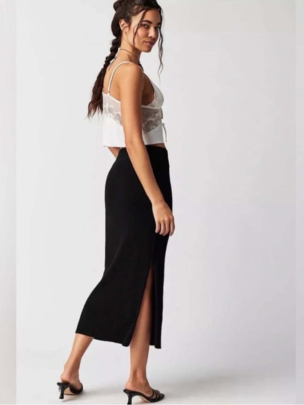 Free People Golden Hour Black Ribbed Knit Midi Skirt Side Slit Size S
